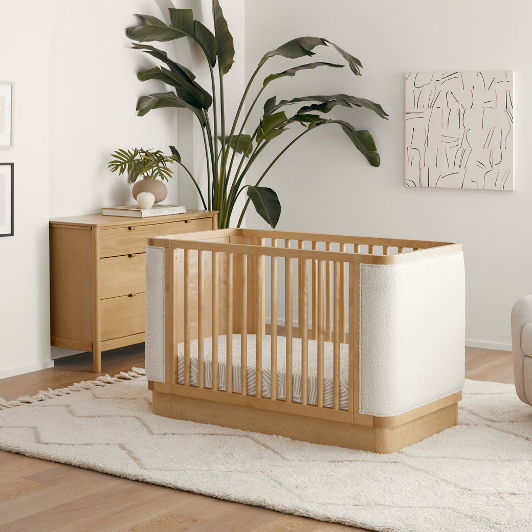 Babyletto Bondi Boucle 4-in-1 Convertible Crib next to a plant and dresser  in -- Color_Honey with Ivory Boucle