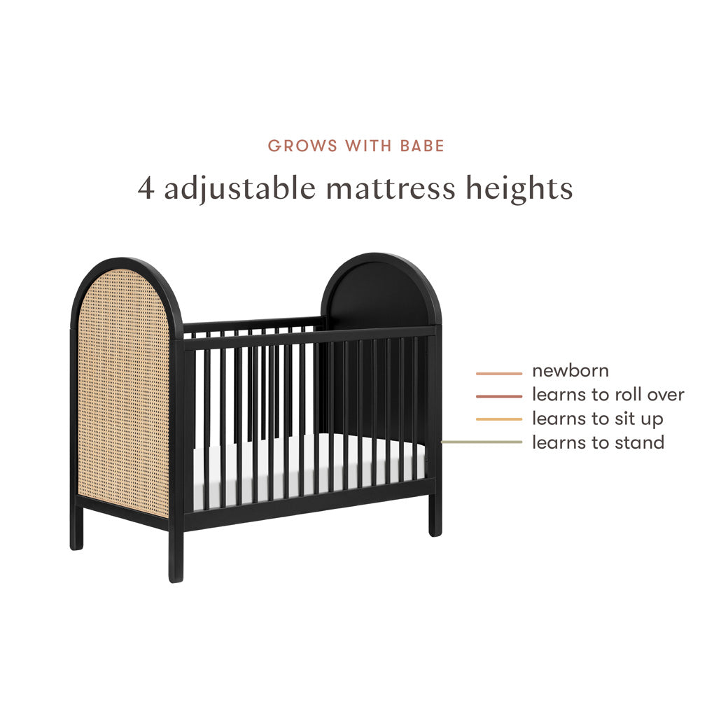 Adjustable mattress heights of the Babyletto Bondi Cane 3-in-1 Convertible Crib in -- Color_Black with Natural Cane
