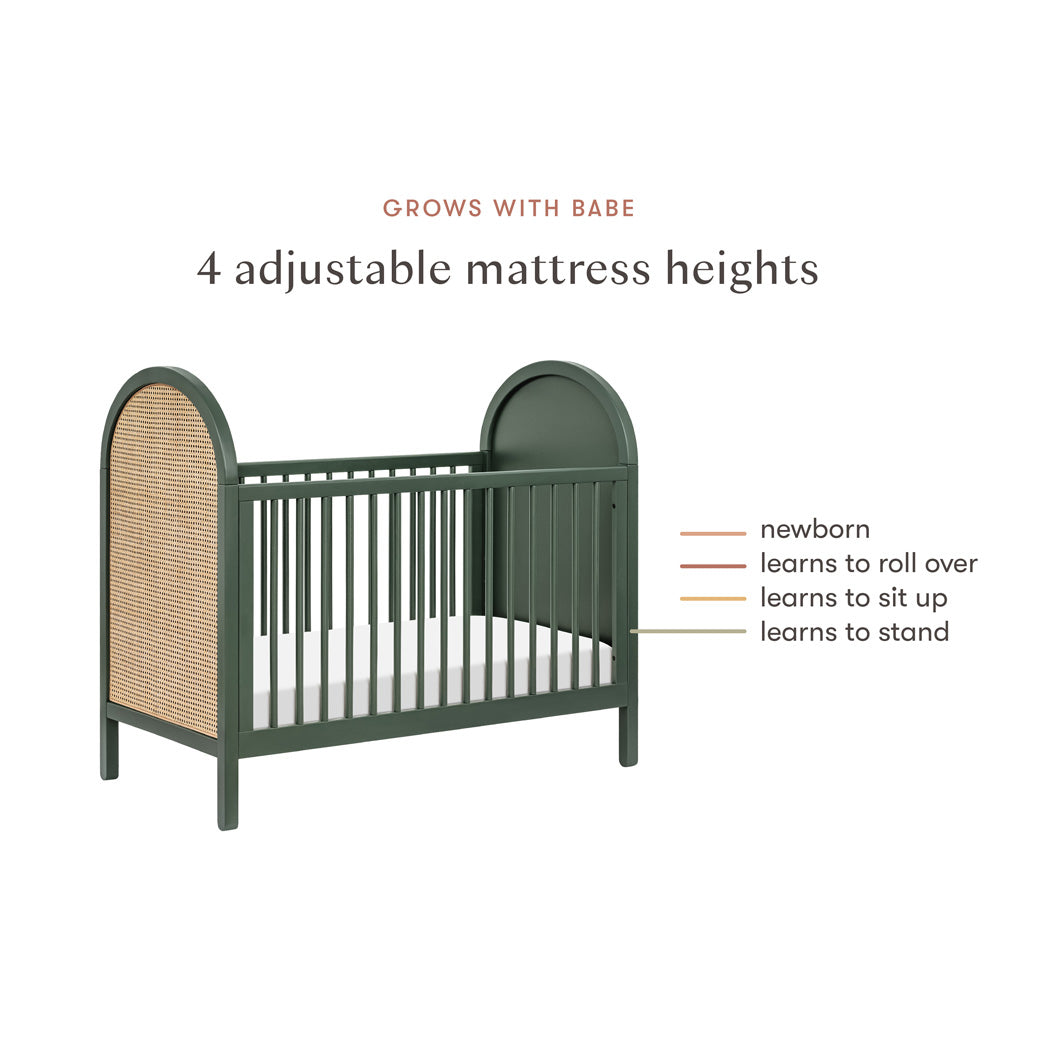 Adjustable mattress heights of Babyletto Bondi Cane 3-in-1 Convertible Crib in -- Color_Forest Green with Natural Cane