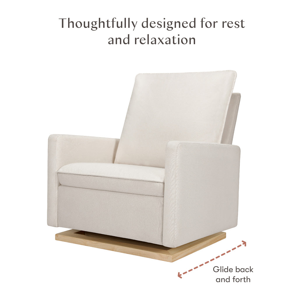 Glide features of Babyletto Cali Pillowback Chair-and-a-Half Glider in -- Color_Performance Cream Eco-Weave with Light Wood Base