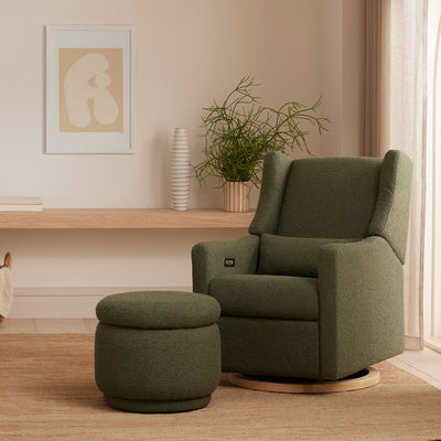 The Babyletto Enoki Storage Ottoman next to a Babyletto recliner  in --Color_Olive Boucle