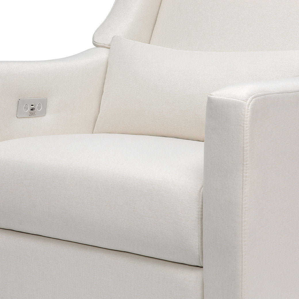 Close up of the seat of the Babyletto Kiwi Glider Recliner in -- Color_Performance Cream Eco-Weave