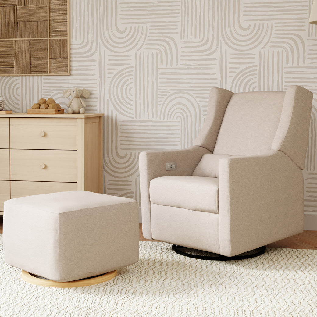 Babyletto Kiwi Glider Recliner next to a dresser and a Kiwi Ottoman  in -- Color_Performance Beach Eco-Weave