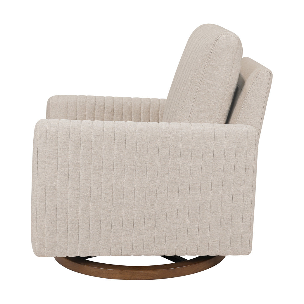 Side view of Babyletto Poe Channeled Swivel Glider in -- Color_Performance Beach Eco-Weave with Dark Wood Base