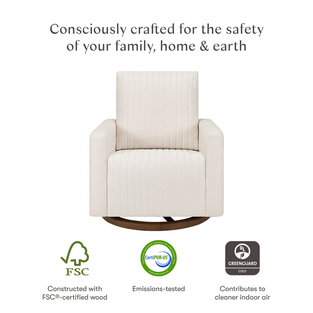 Certifications of Babyletto Poe Channeled Swivel Glider in -- Color_Performance Cream Eco-Weave with Dark Wood Base