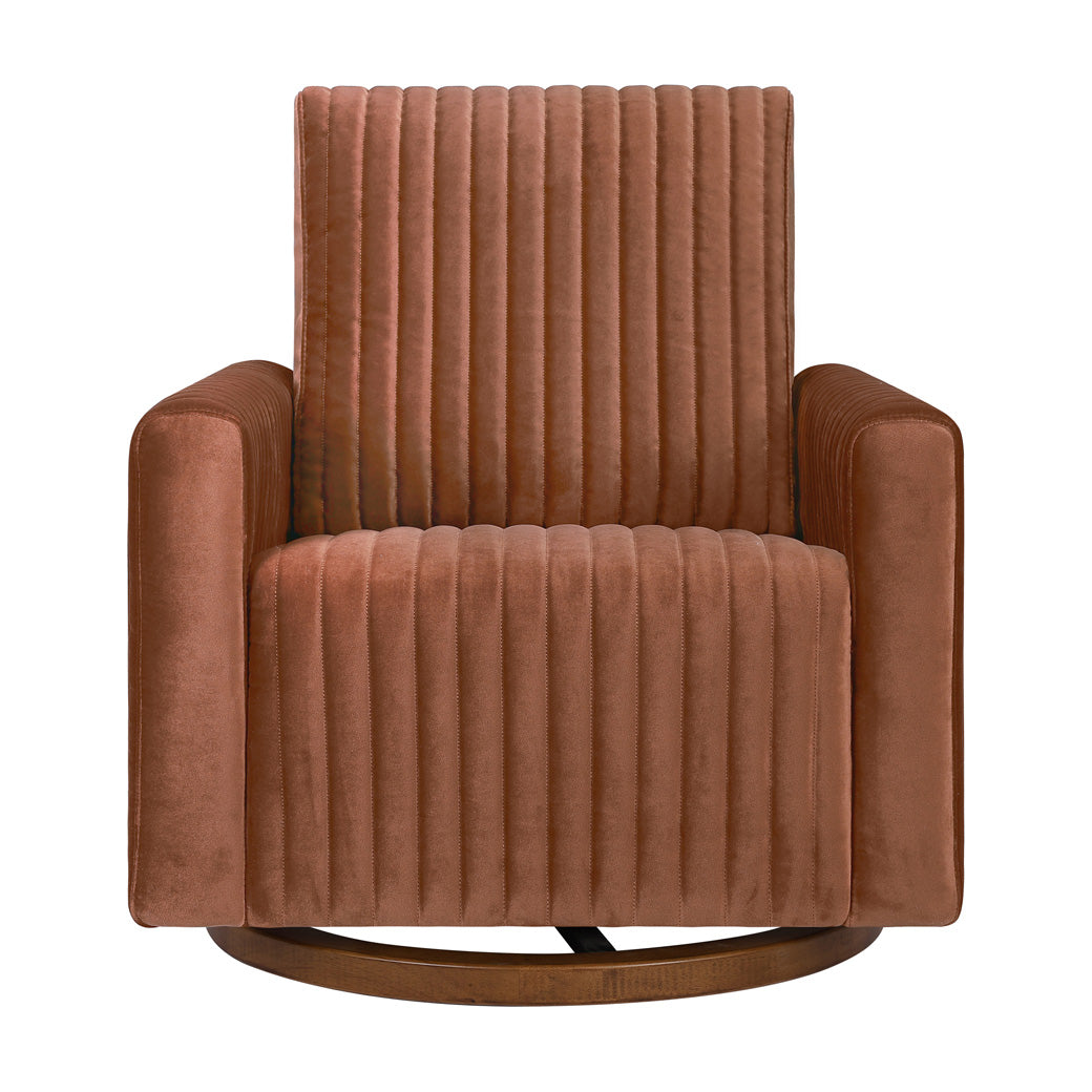 Front view of Babyletto Poe Channeled Swivel Glider in -- Color_Rust Velvet with Dark Wood Base