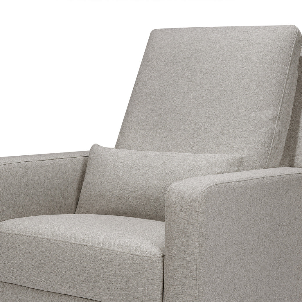 Closeup of the Babyletto Sigi Glider Recliner in -- Color_Performance Grey Eco-Weave with Light Wood Base
