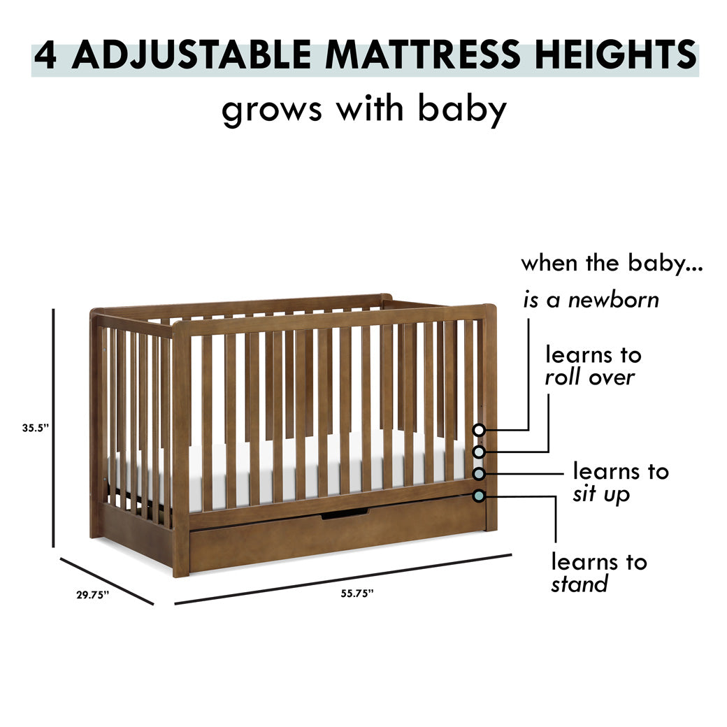 Adjustable mattress heights of Carter's by DaVinci Colby 4-in-1 Convertible Crib with Trundle Drawer in -- Color_Walnut