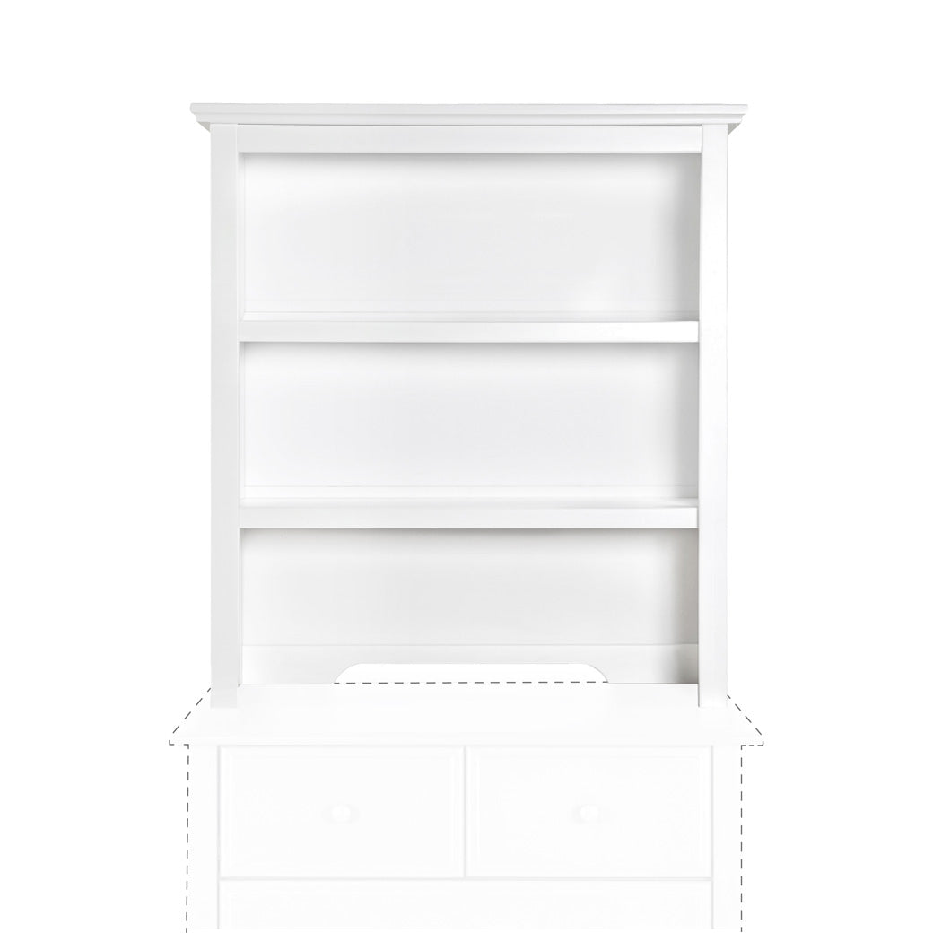 Front view of DaVinci Autumn Bookcase/Hutch on top of a faded out dresser  in -- Color_White