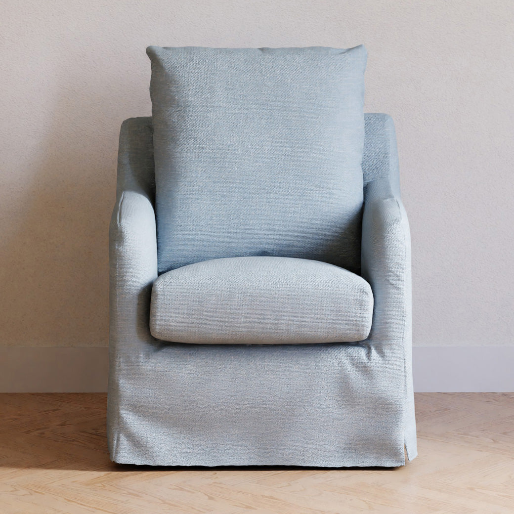 Front view of Namesake Reese Slipcover Swivel Glider -- Color_Chambray Eco-Linen