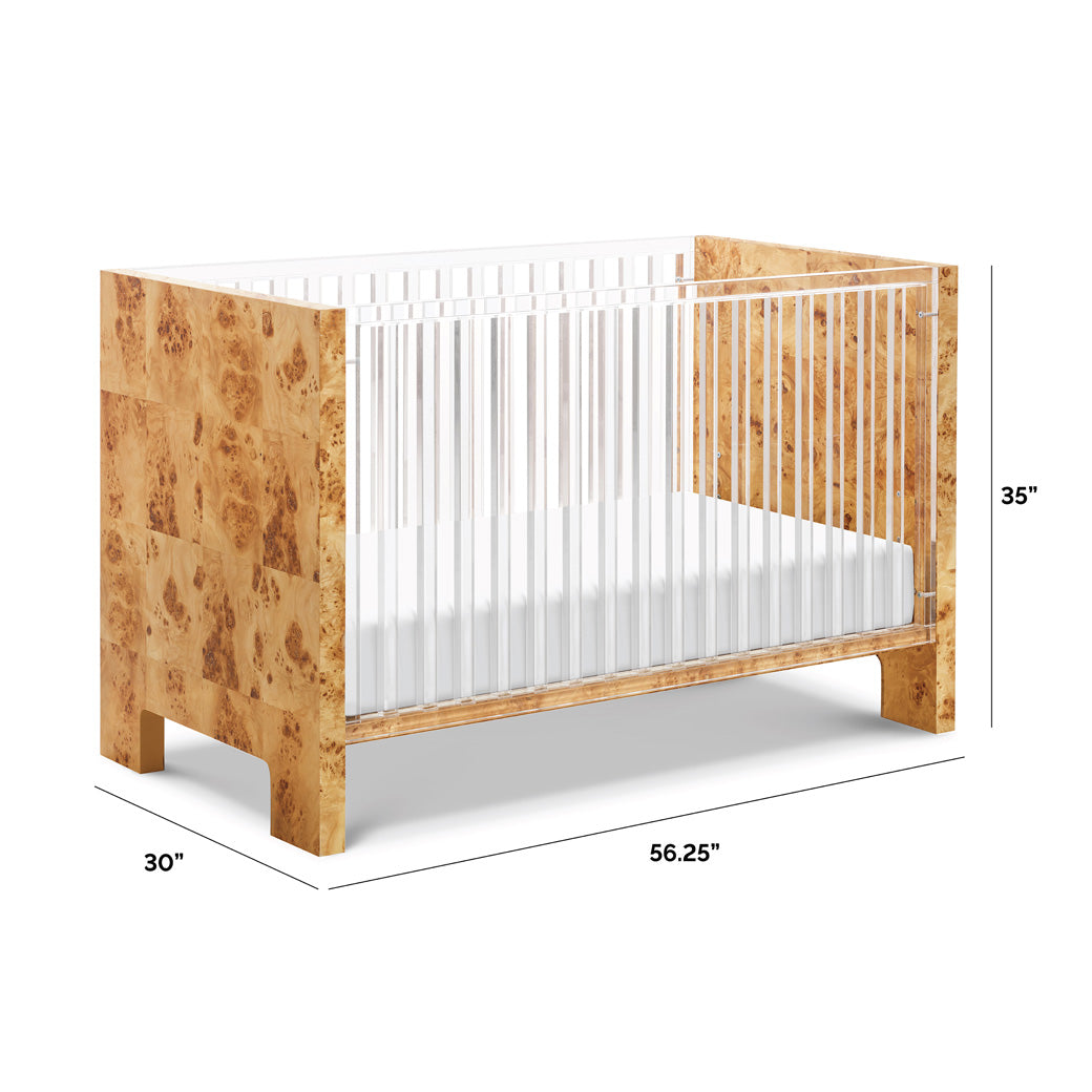 Dimensions of Nursery Works Altair Crib in -- Color_Clear Acrylic with Burl