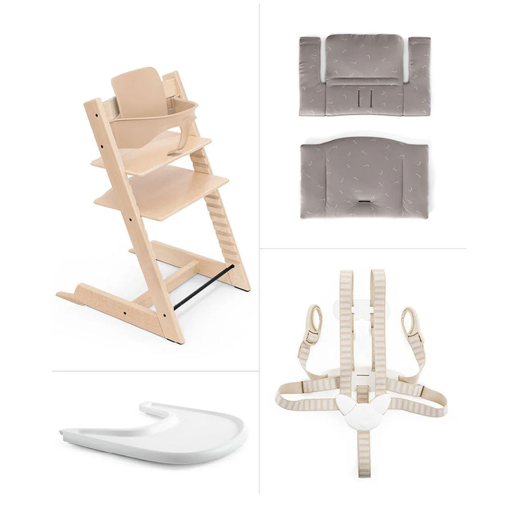 Components of the Tripp Trapp High Chair + Cushion & Tray Bundle in -- Color_Natural _ Icon Grey