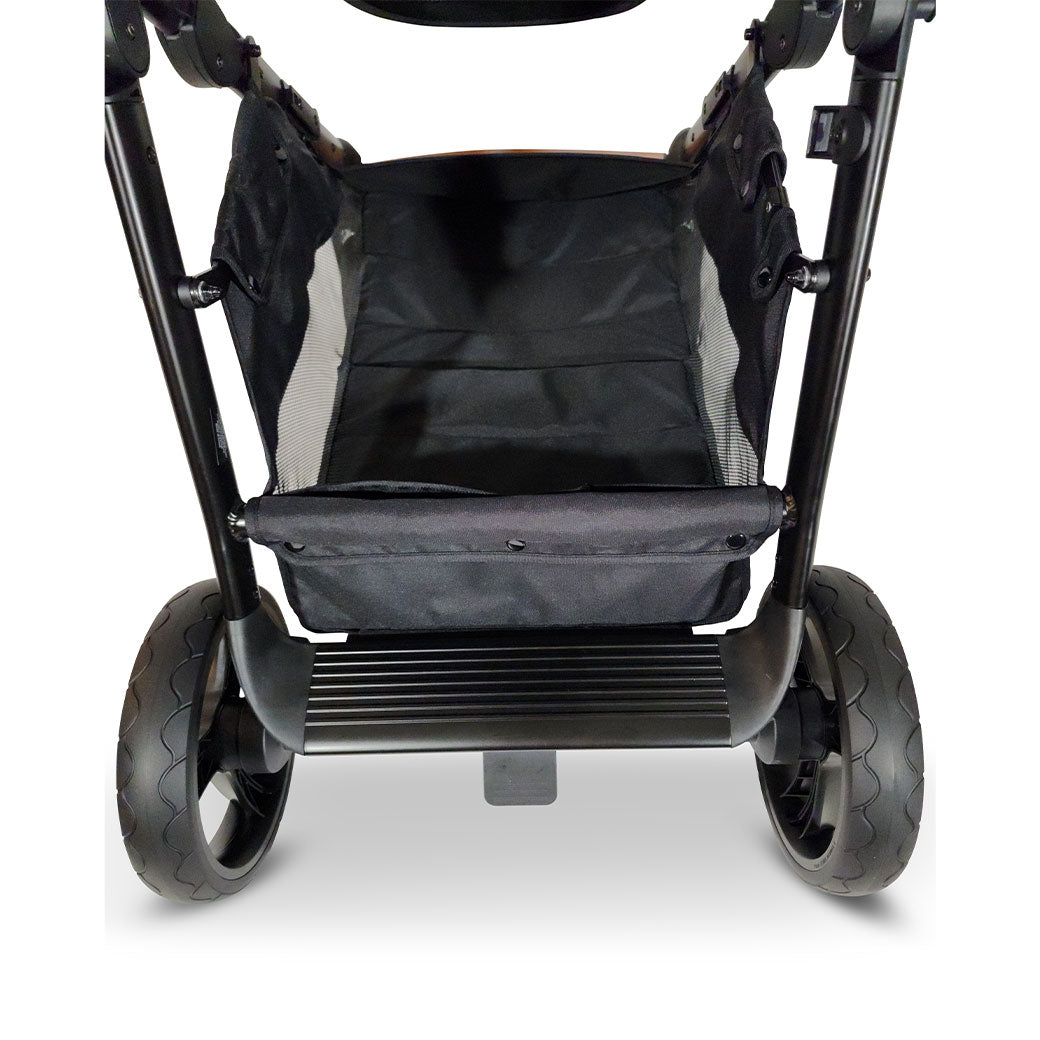 Lower view of storage basket of Venice Child Ventura Single to Double Sit-and-Stand Stroller & Bassinet in -- Color_Shadow
