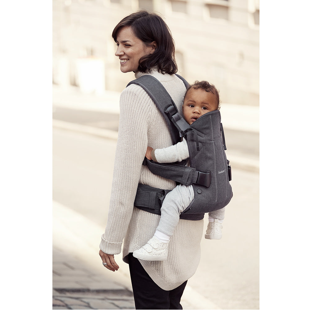 Back side view of BABYBJÖRN Baby Carrier One in -- Color_Denim Gray/Dark Gray Woven Mix
