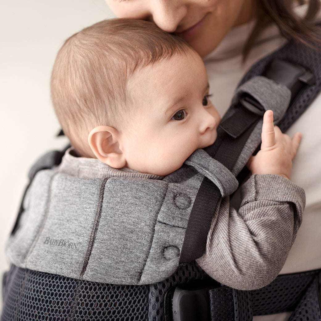 Closeup of baby in Babybjorn Baby Carrier Harmony in -- Color_Anthracite