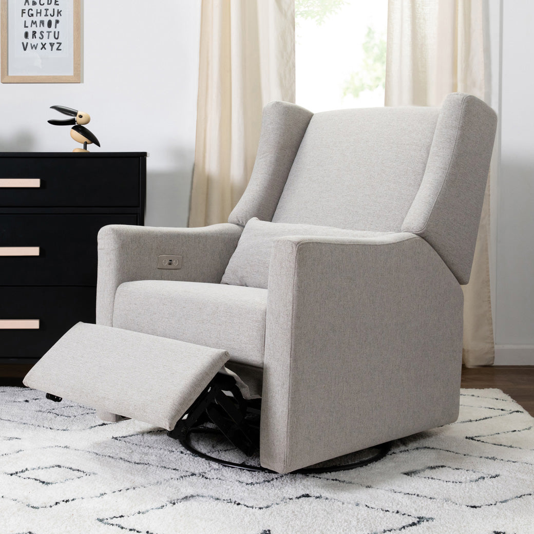 Babyletto Kiwi Glider Recliner in a room with the footrest up in -- Color_Performance Grey Eco-Weave