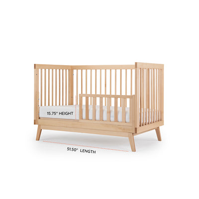 Soho crib converted to toddler bed dimesions showing 15.75" height and 51.50" length  -- Color_Natural