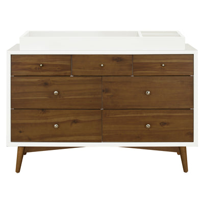 Front view of Babyletto's Palma 7-Drawer Assembled Double Dresser with changing tray in -- Color_Warm White with Natural Walnut