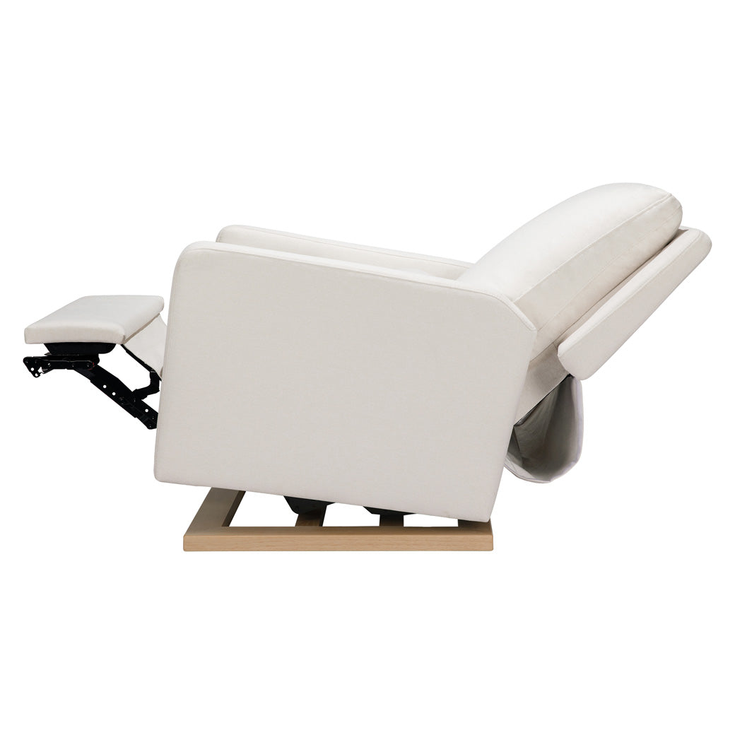 Side view of fully reclined Babyletto Sigi Electronic Glider Recliner in -- Color_Performance Cream Eco-Weave