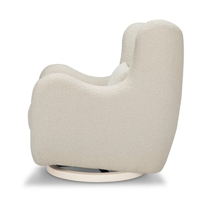 Side view of The Nursery Works Solstice Swivel Glider in --Color_Ivory Boucle with Ivory Wood Base