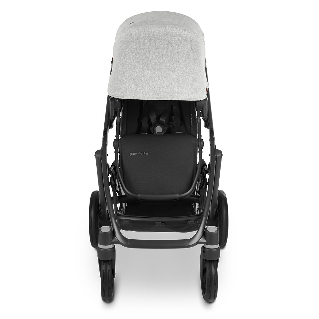 Front view looking into the extended sunshade on UPPAbaby Vista v2 stroller in -- Color_Anthony