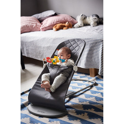 Baby in BABYBJÖRN Bouncer Bliss with toys in -- Color_Anthracite (Slate Gray) Woven, Classic Quilt