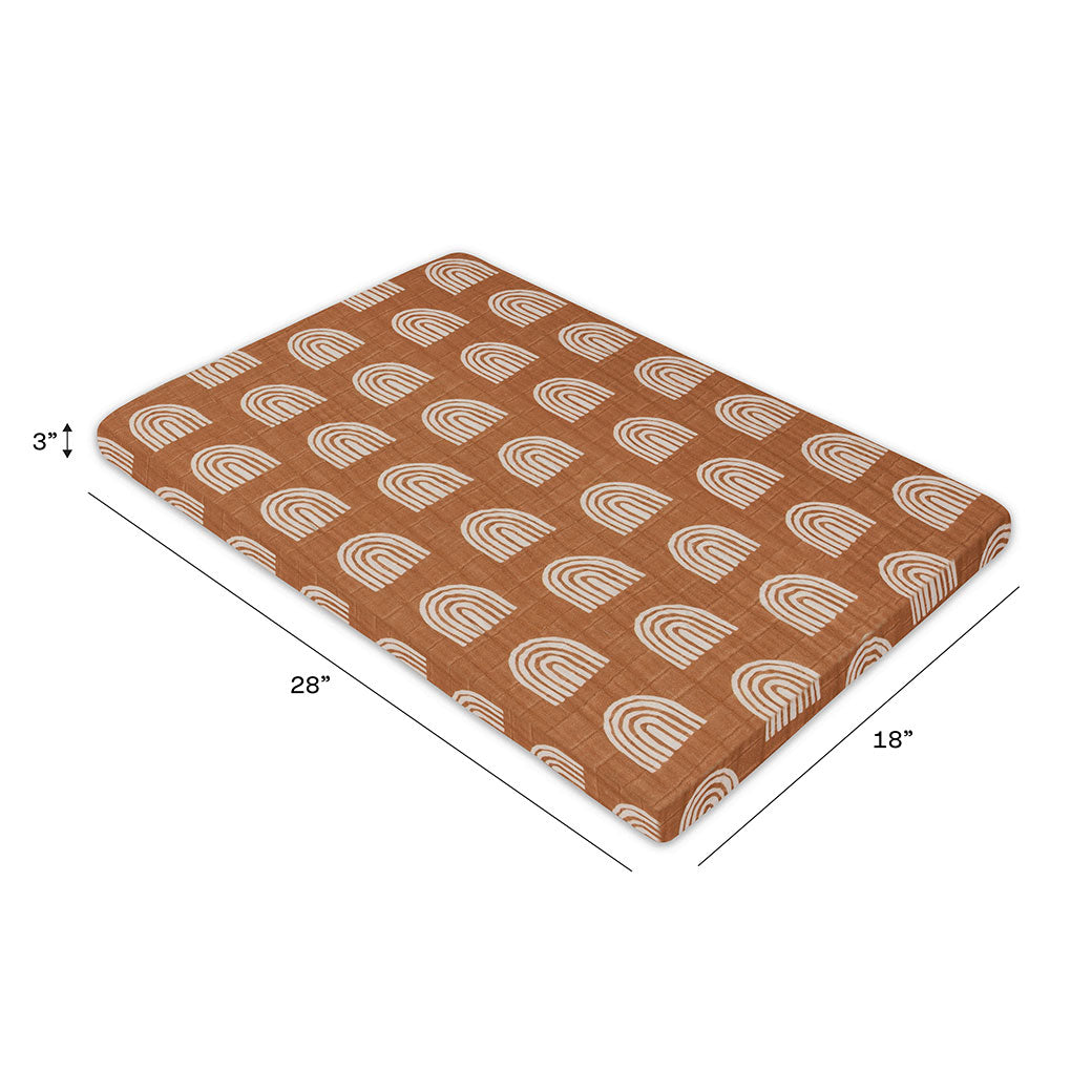 Dimensions of the Babyletto All-Stages Bassinet Sheet In GOTS Certified Organic Muslin Cotton in -- Color_Terracotta Rainbow