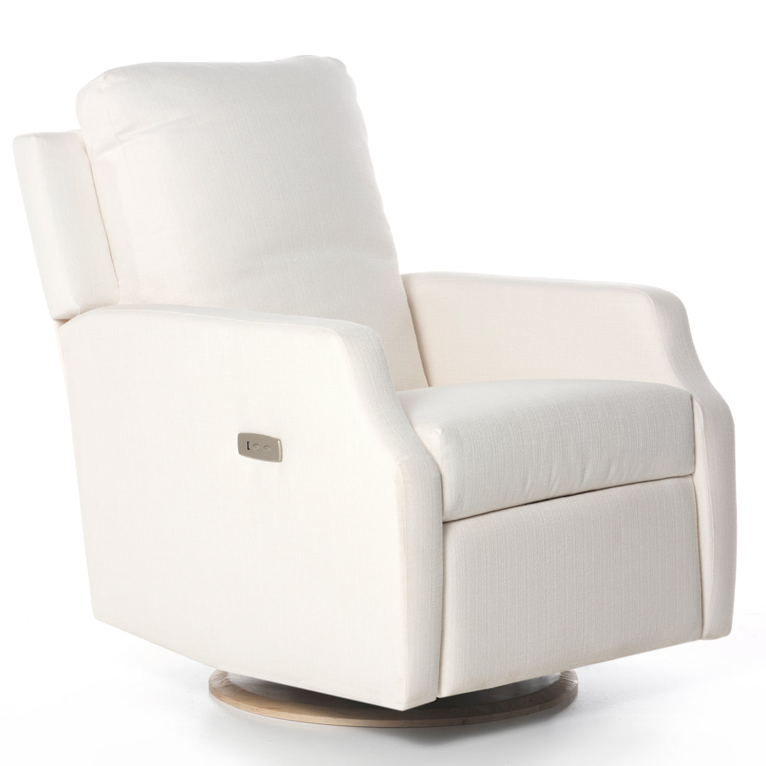 Cream-colored recliner with extended footrest, white background