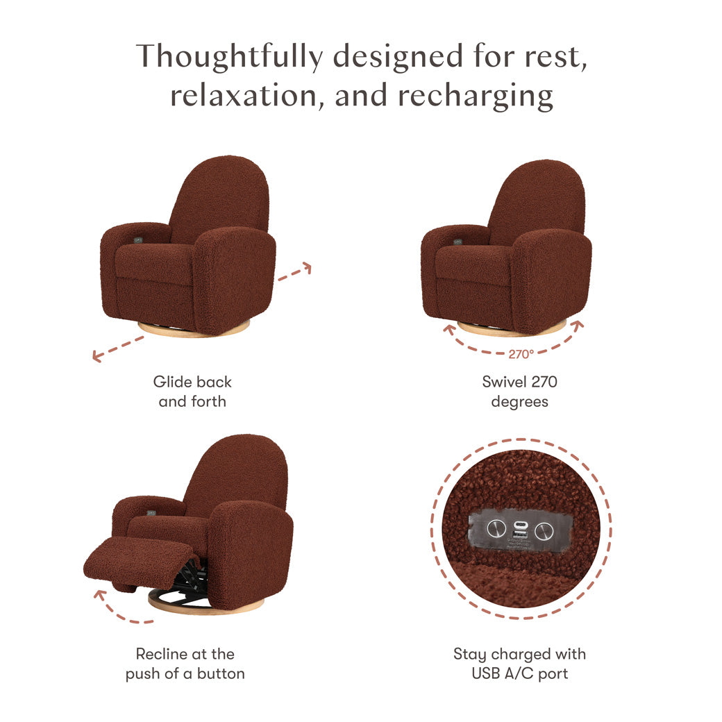 Features of The Babyletto Nami Glider Recliner in -- Color_Rouge Teddy Loop with Light Wood Base