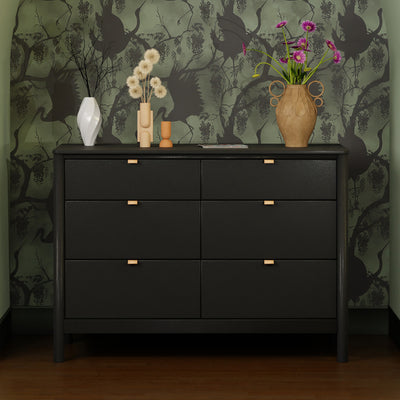 Front view of Babyletto Bondi 6-Drawer Dresser with vases on top in -- Color_Black