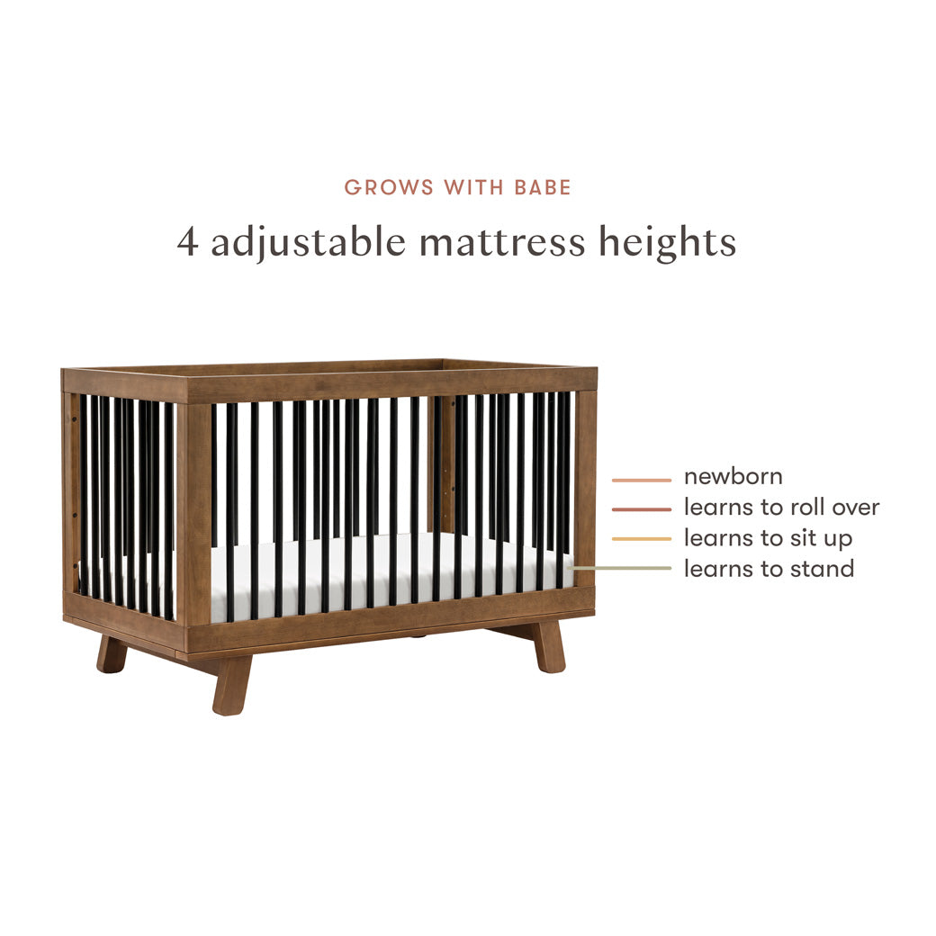 Mattress heights of Babyletto Hudson 3-in-1 Convertible Crib And Toddler Rail in -- Color_Natural Walnut/Black