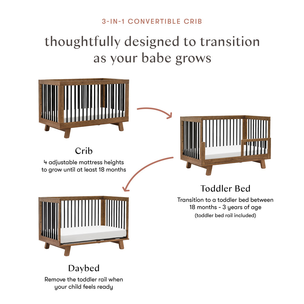 Conversion features of Babyletto Hudson 3-in-1 Convertible Crib And Toddler Rail in -- Color_Natural Walnut/Black