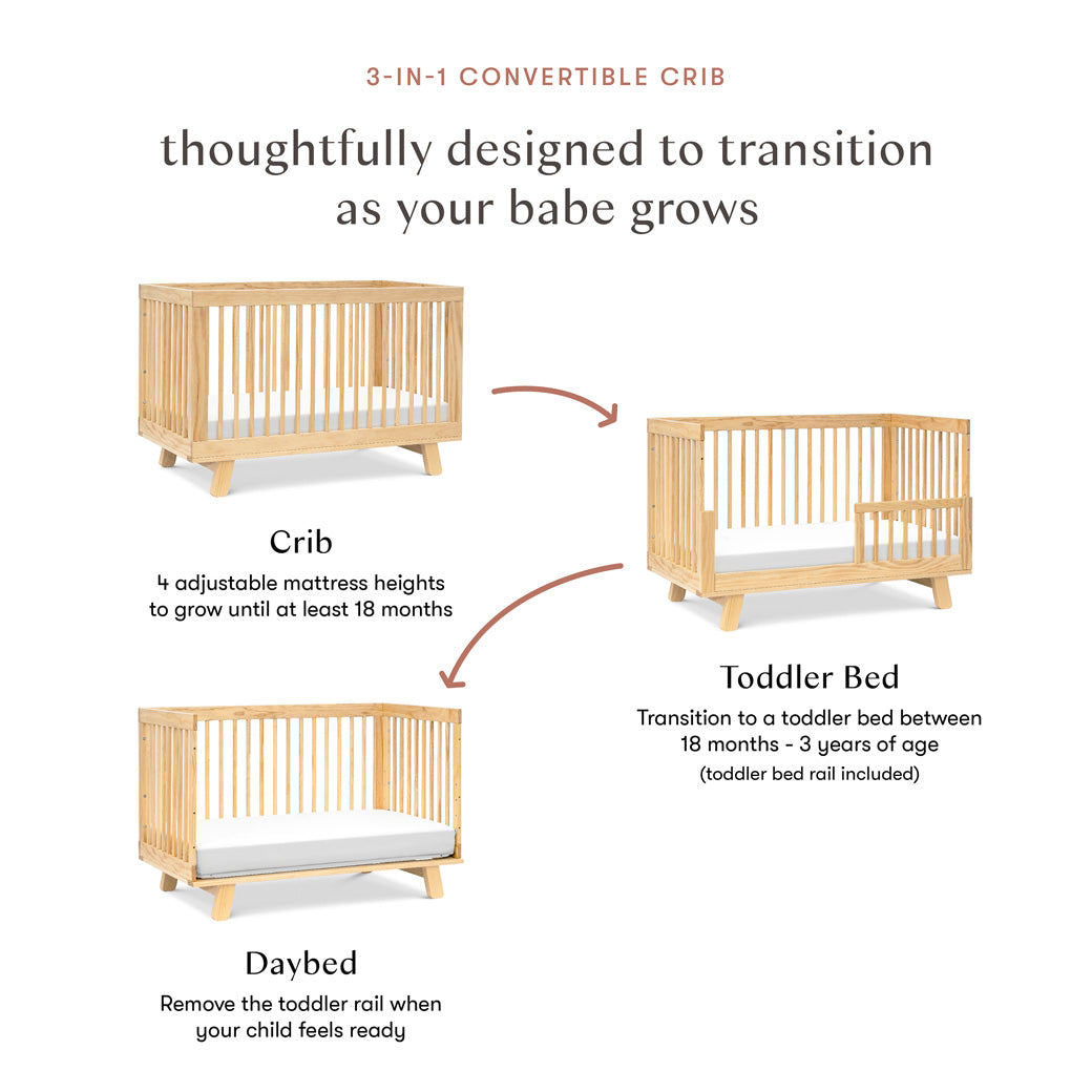 Conversion features of Babyletto Hudson 3-in-1 Convertible Crib And Toddler Rail in -- Color_Natural