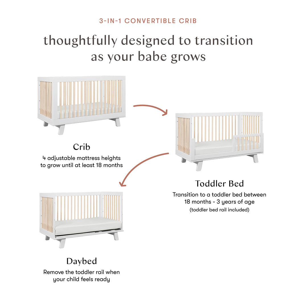 Conversion features of Babyletto Hudson 3-in-1 Crib in -- Color_Washed Natural/White