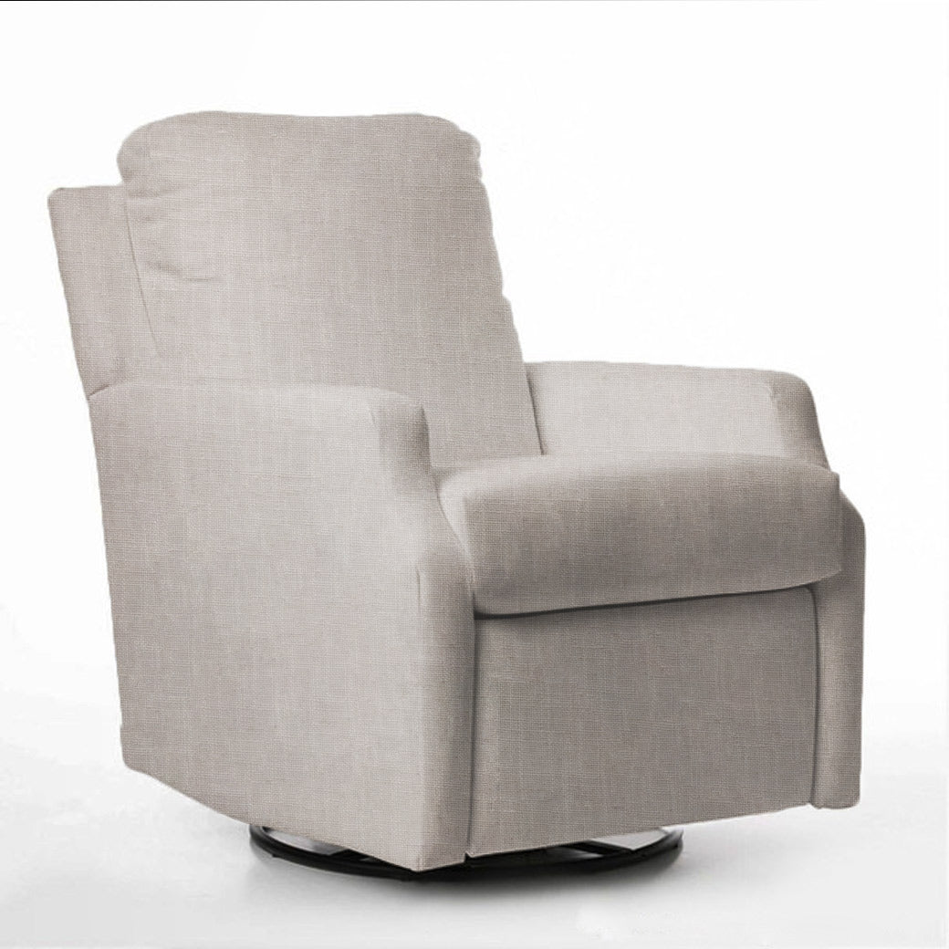 A neutral beige fabric recliner chair with a round swivel base, showcasing a plush backrest and armrests