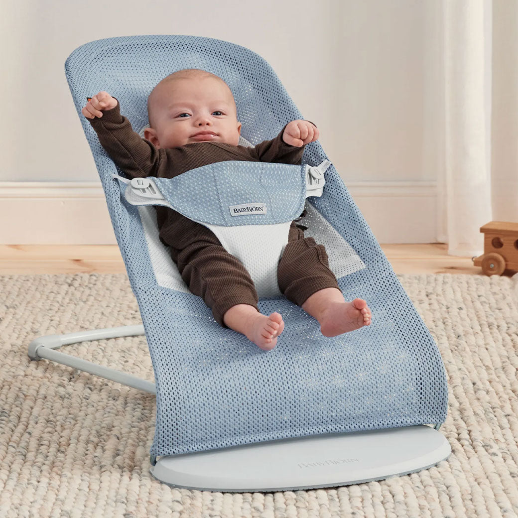 Baby in BABYBJÖRN Bouncer Balance Soft in -- Color_Sky Blue/White Mesh