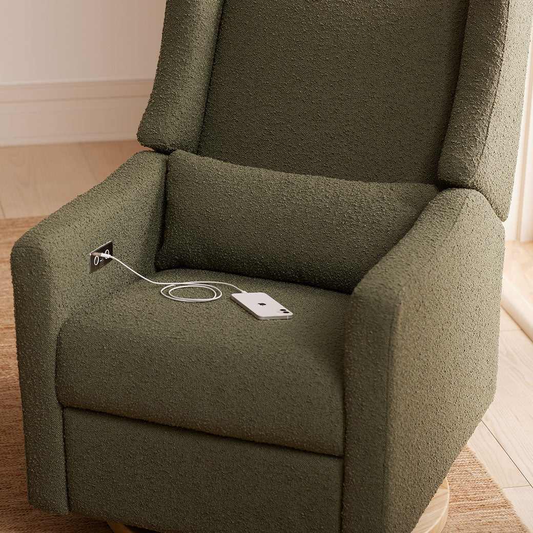 Phone charging on the Babyletto Kiwi Glider Recliner in -- Color_Olive Boucle With Light Base