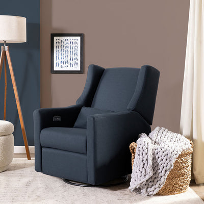 Babyletto Kiwi Glider Recliner next to a basket in -- Color_Performance Navy Eco-Twill
