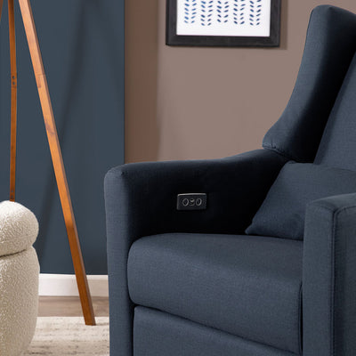View of the USB port next to an ottoman Babyletto Kiwi Glider Recliner in -- Color_Performance Navy Eco-Twill