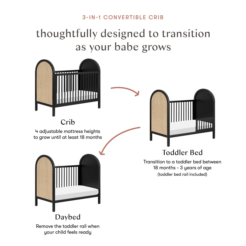 Conversion features of the Babyletto Bondi Cane 3-in-1 Convertible Crib in -- Color_Black with Natural Cane