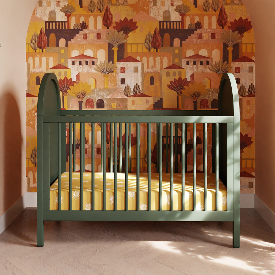 Babyletto Bondi Cane 3-in-1 Convertible Crib with Golden Hour Babyletto Crib Sheet in -- Color_Forest Green with Natural Cane