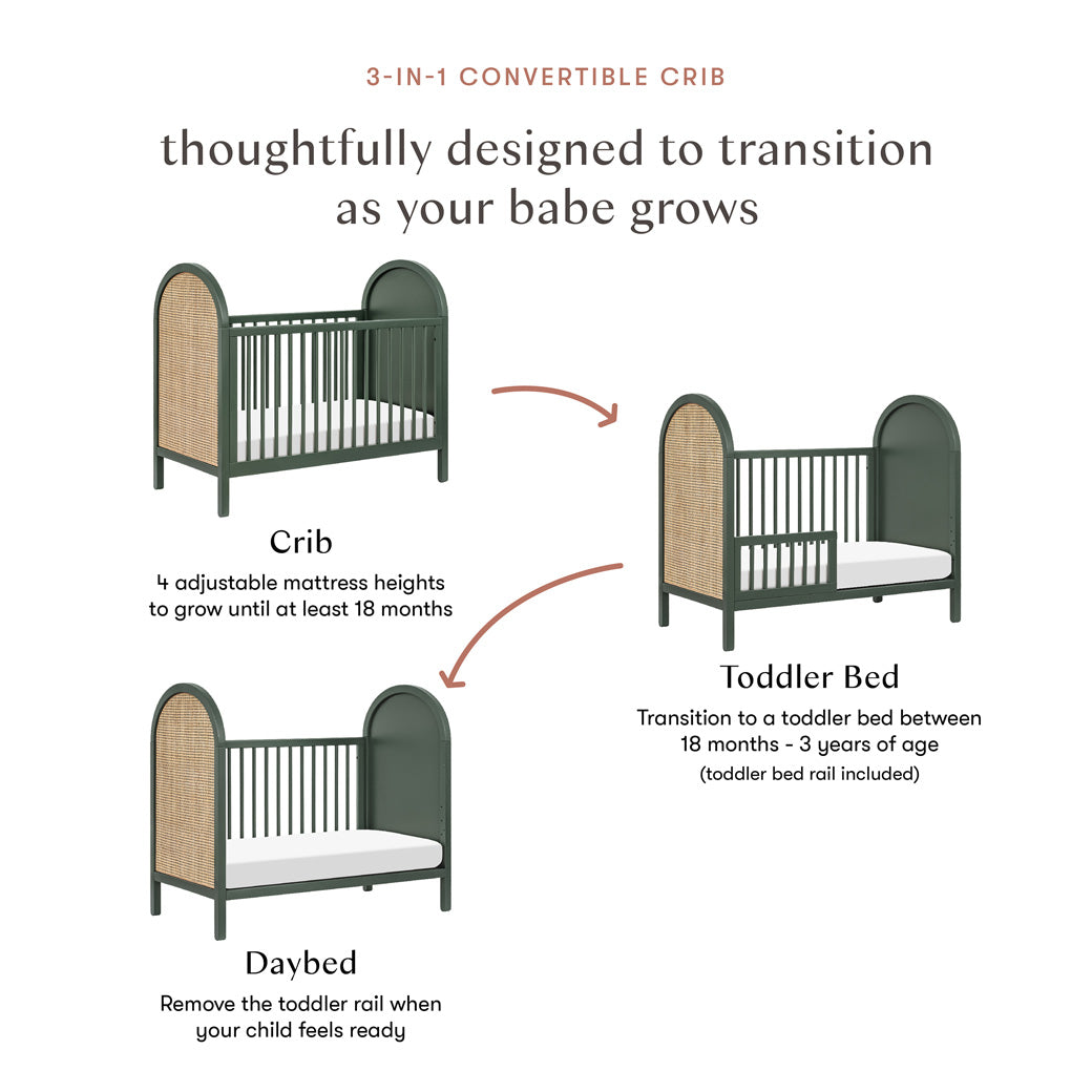 Conversion features of Babyletto Bondi Cane 3-in-1 Convertible Crib in -- Color_Forest Green with Natural Cane