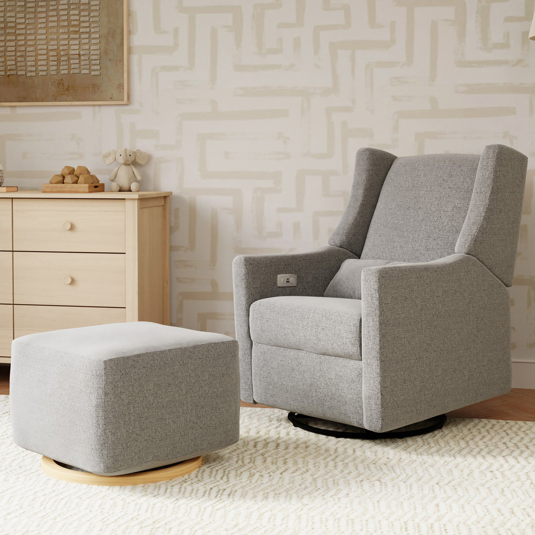 Babyletto Kiwi Glider Recliner next to a dresser and the Kiwi Ottoman in -- Color_Performance Grey Eco-Weave