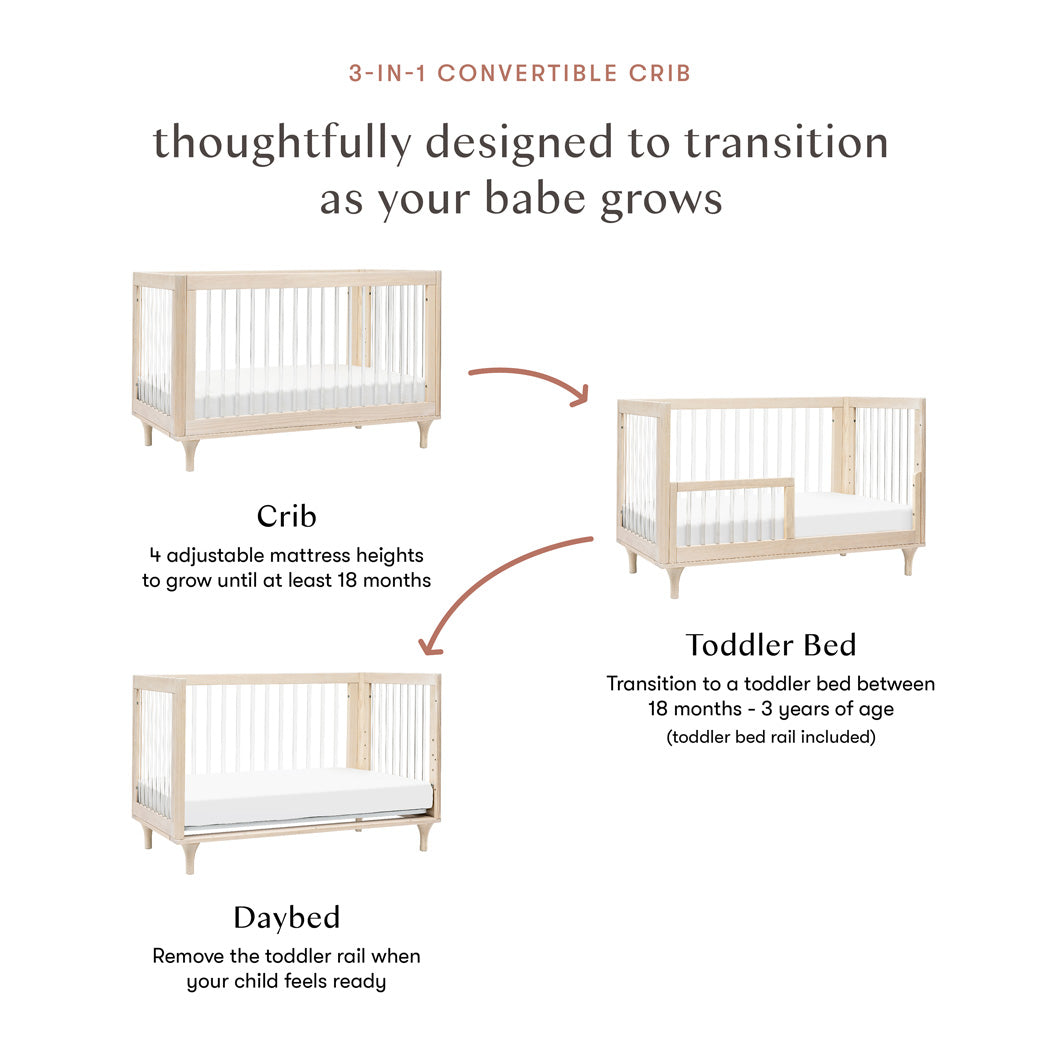 Conversion features of Babyletto Lolly 3-in-1 Convertible Crib in -- Color_Washed Natural / Acrylic