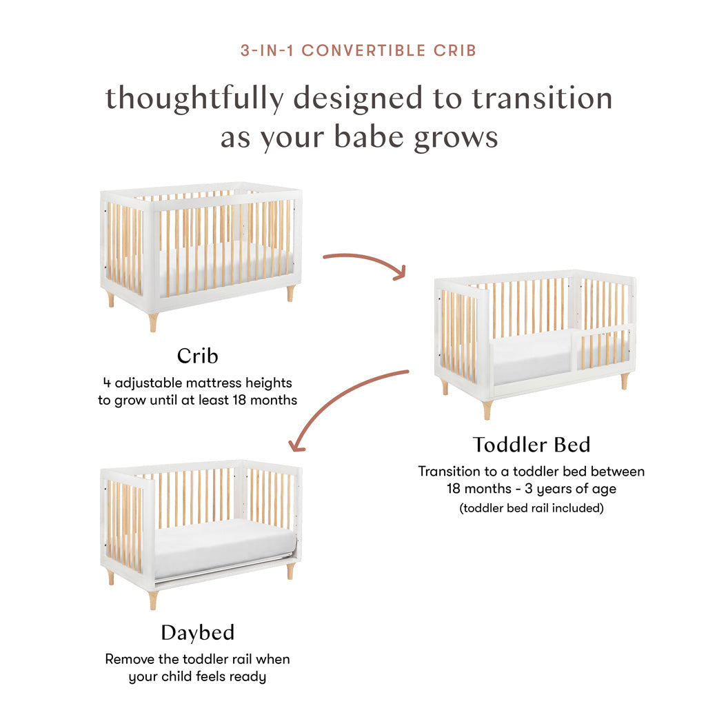 Conversion features of the  Babyletto Lolly 3-in-1 Convertible Crib in -- Color_White