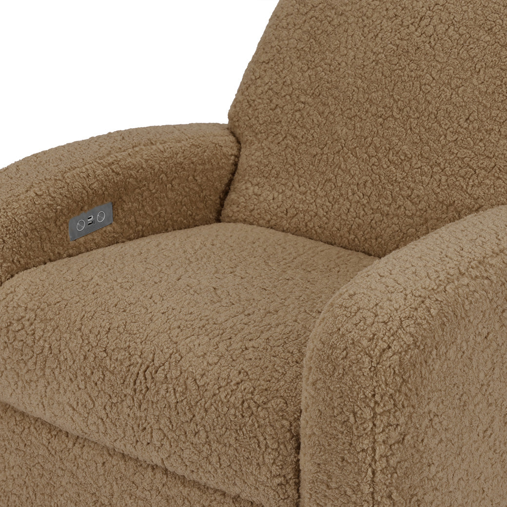Closeup seat view of Babyletto Nami Glider Recliner in -- Color_Cortado Shearling with Light Wood Base