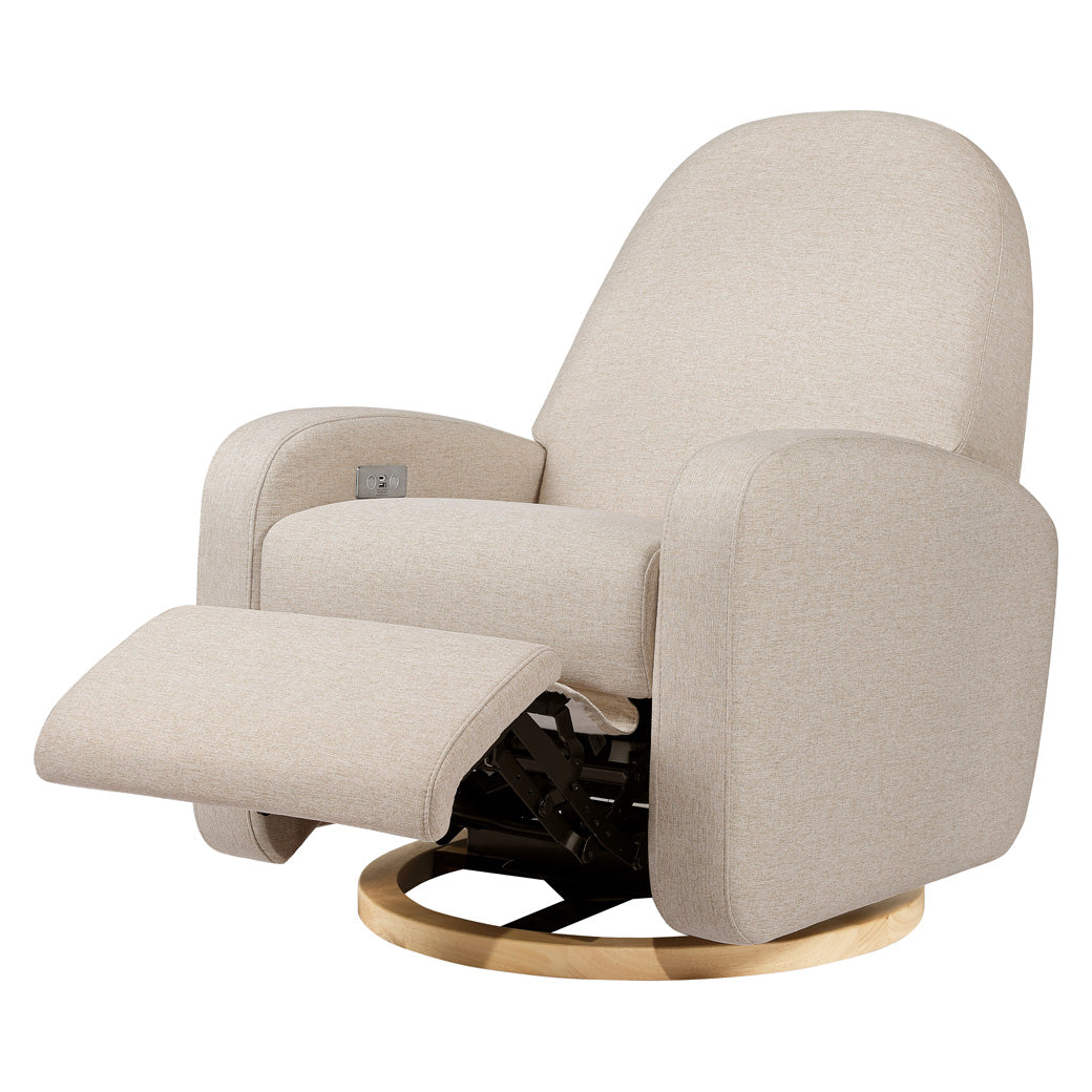 The Babyletto Nami Glider Recliner with footrest up  in -- Color_Performance Beach Eco-Weave with Light Wood Base