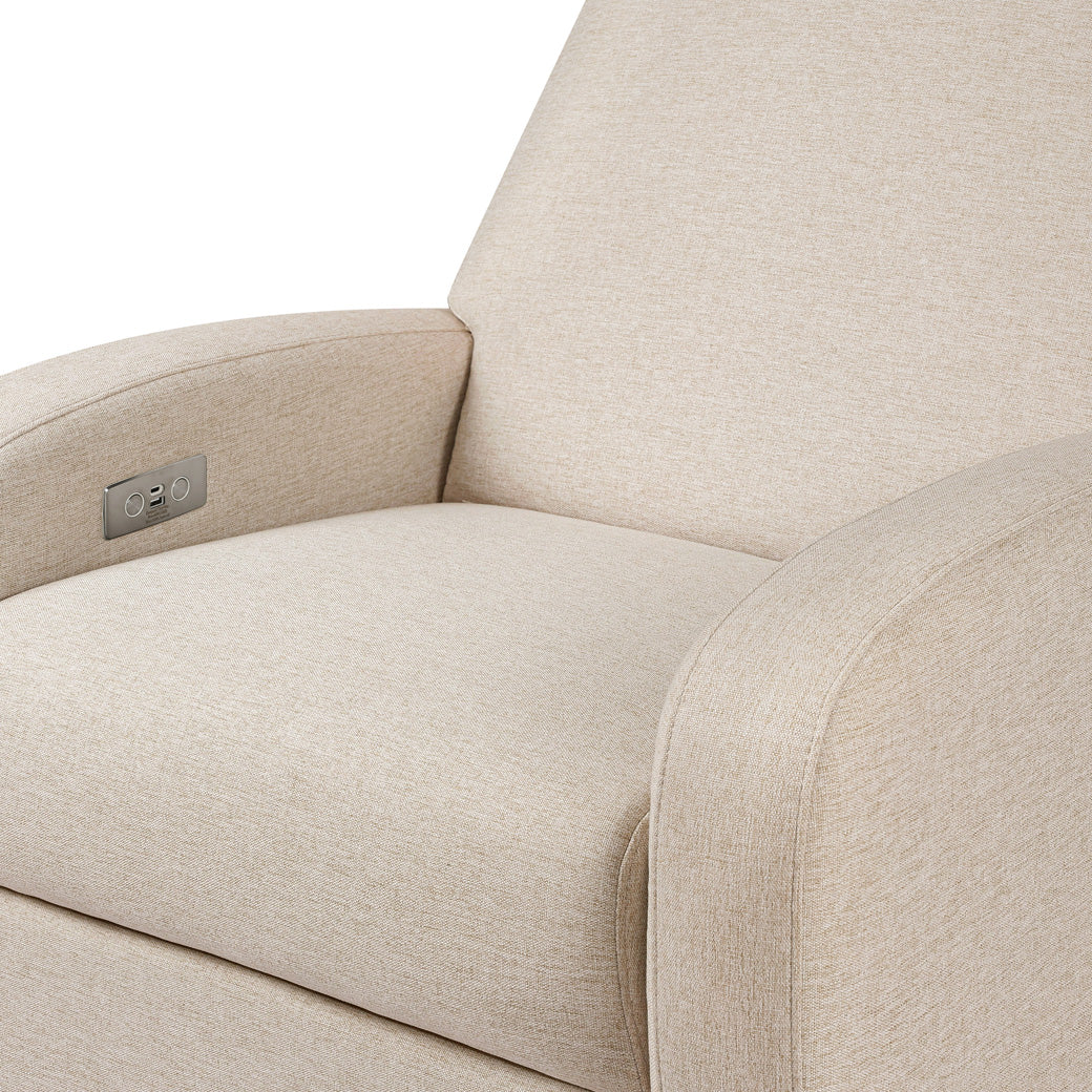 The Babyletto Nami Glider Recliner seat closeup  in -- Color_Performance Beach Eco-Weave with Light Wood Base