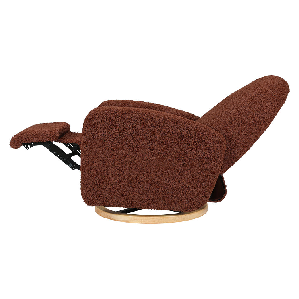 Side view of reclined  Babyletto Nami Glider Recliner in -- Color_Rouge Teddy Loop with Light Wood Base