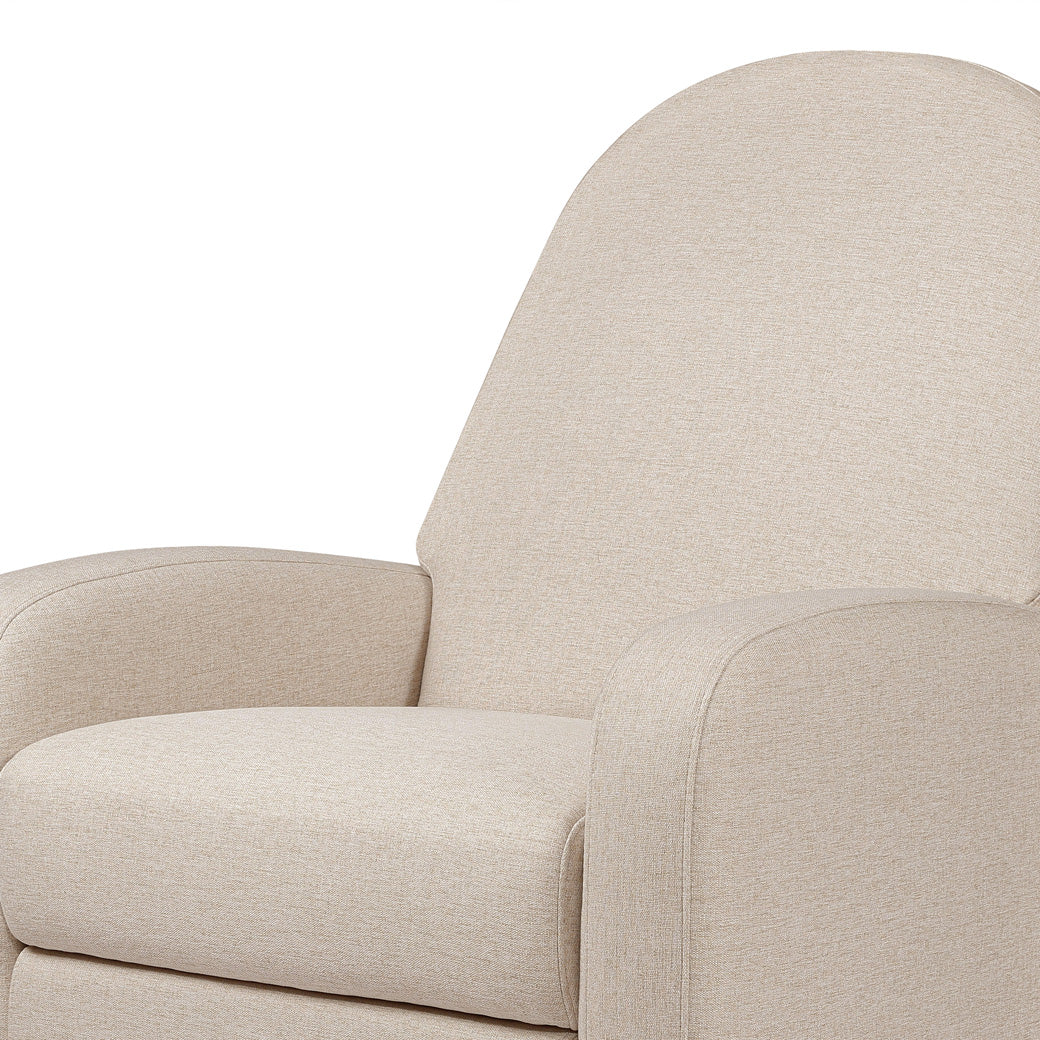 Closeup of the backrest of Babyletto Nami Glider Recliner in -- Color_Performance Beach Eco-Weave with Light Wood Base